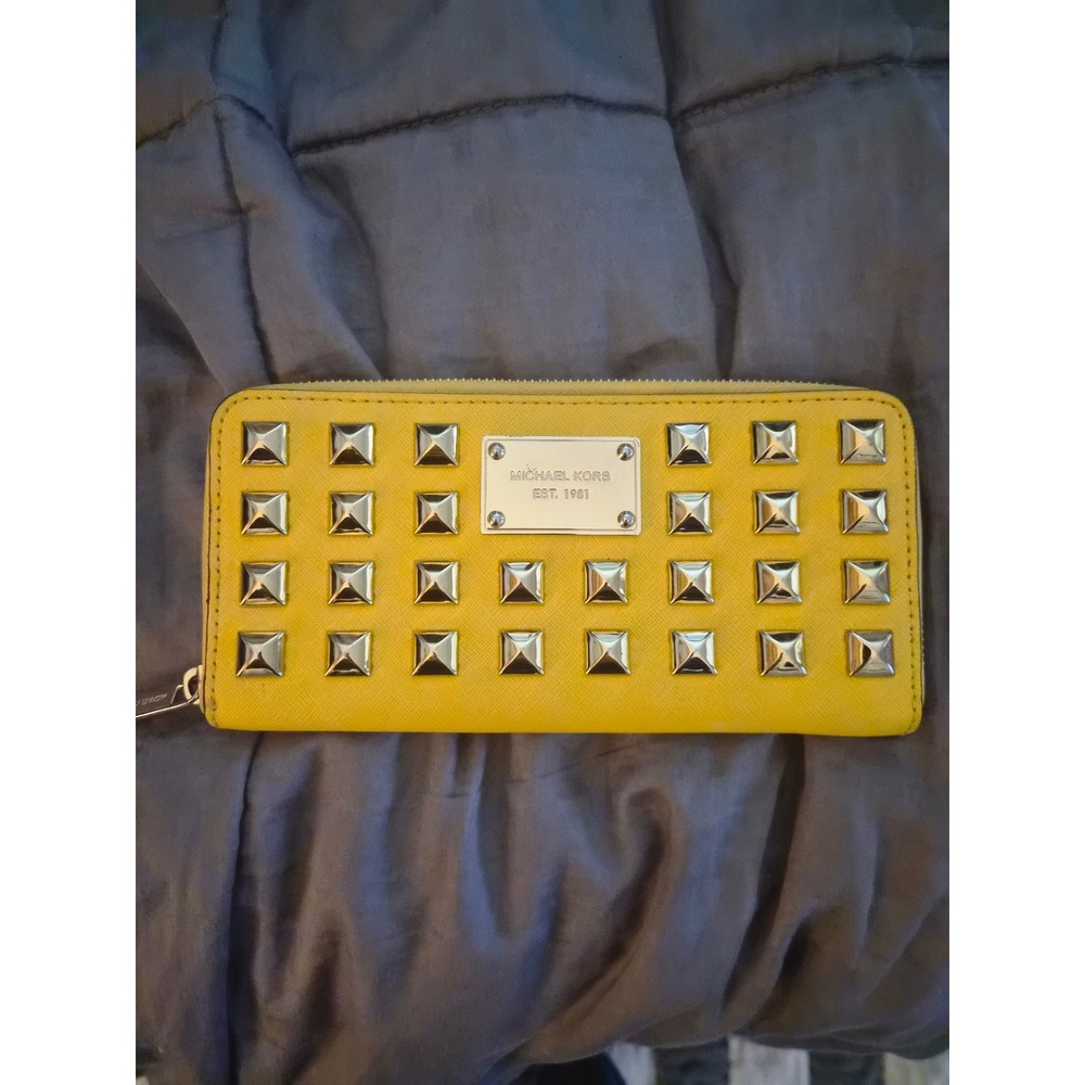 Michael Kors Yellow Saffiano Leather Studded Zip Around Continental Wallet